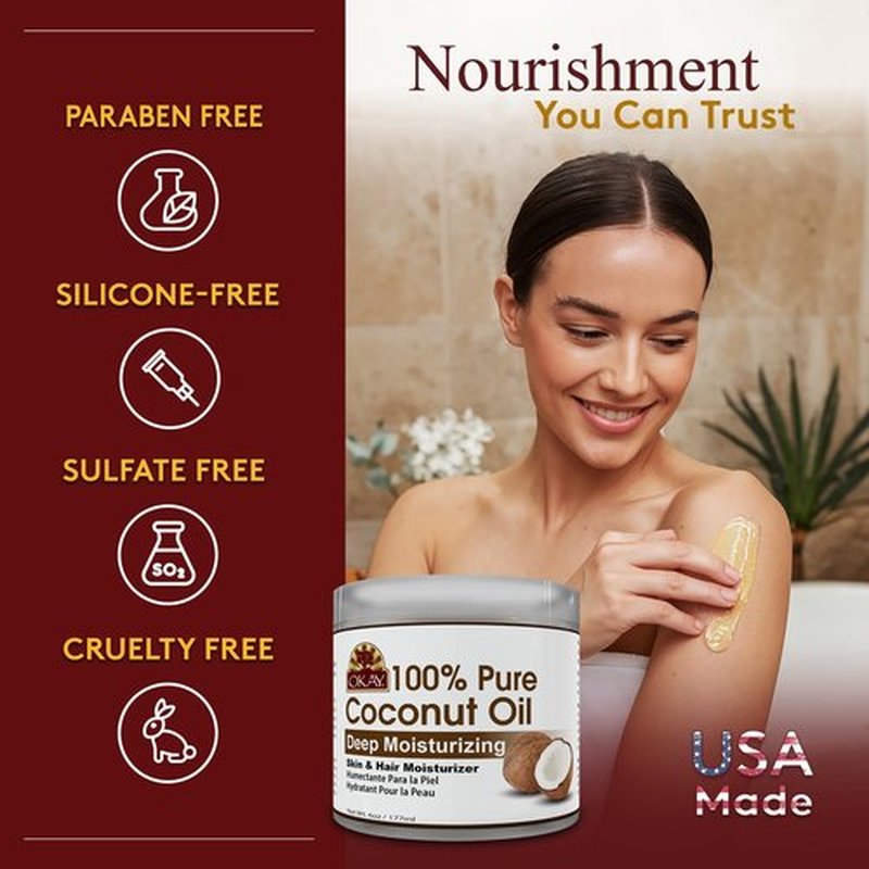 Okay 100% Pure Coconut Oil for Hair & Skin - Coconut Oil for Women & Men, Perfect for Body & Face, Natural Massage Oil & Moisturizer - 6 Fl Oz Jar (Pack of 2)