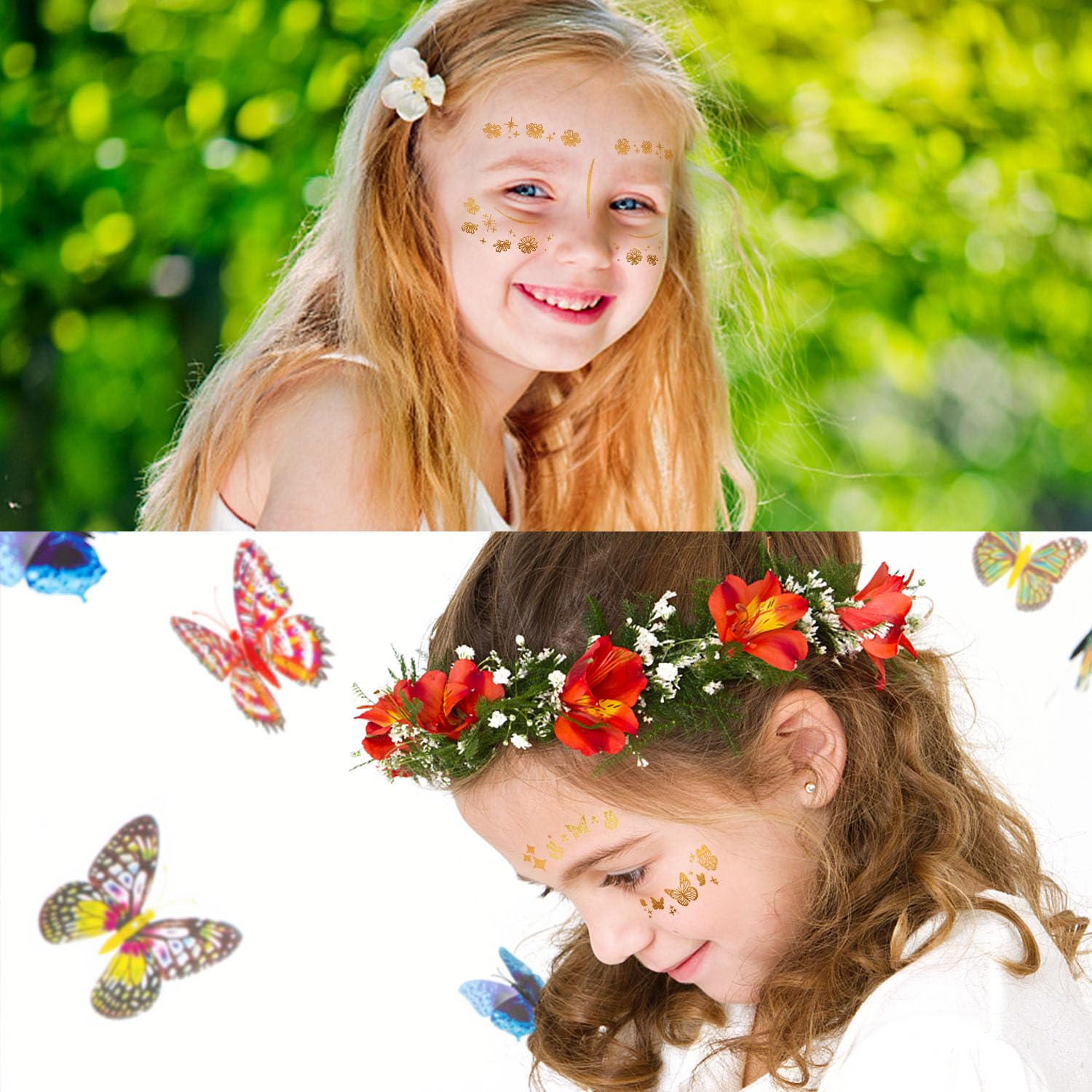 VIWIEU Glitter Butterfly Rose Face Tattoos Temporary for Women and Girls 10 Sheets, Gold Metallic Face Eye Makeup Stickers for Fairy, Princess, Halloween Costume, Christmas, NYE Festival Party Favors