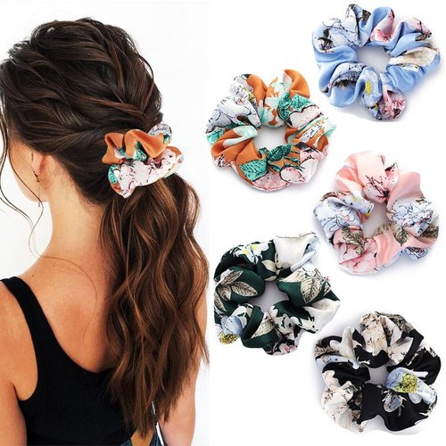 Jewemia Women's Silk Satin Floral Printed Scrunchies - Elastic Hair Ties and Accessories Gift Set for Thick Curly Hair, 5 Colors