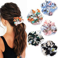Jewemia Women's Silk Satin Floral Printed Scrunchies - Elastic Hair Ties and Accessories Gift Set for Thick Curly Hair, 5 Colors