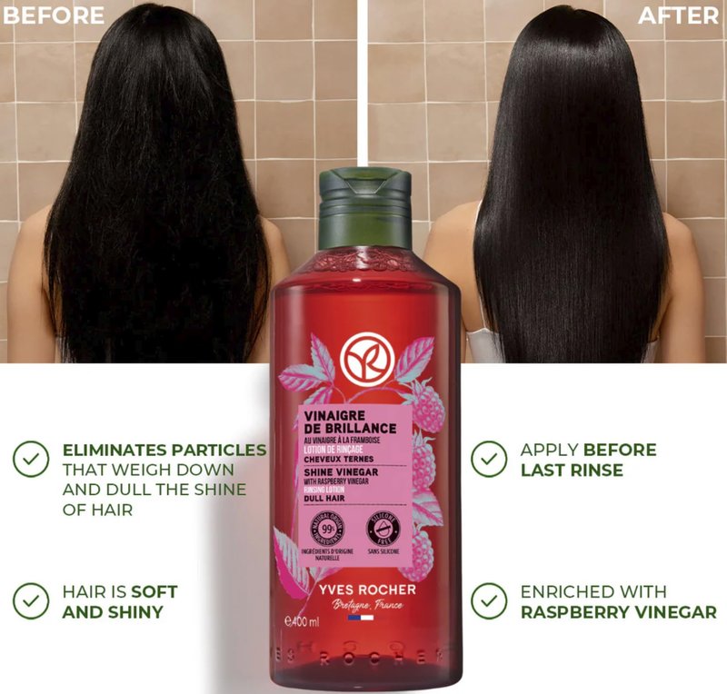 Yves Rocher Raspberry Shine Hair Vinegar – Restores Natural Women Unisex Hair Shine 400 ml./13.5 fl.oz.