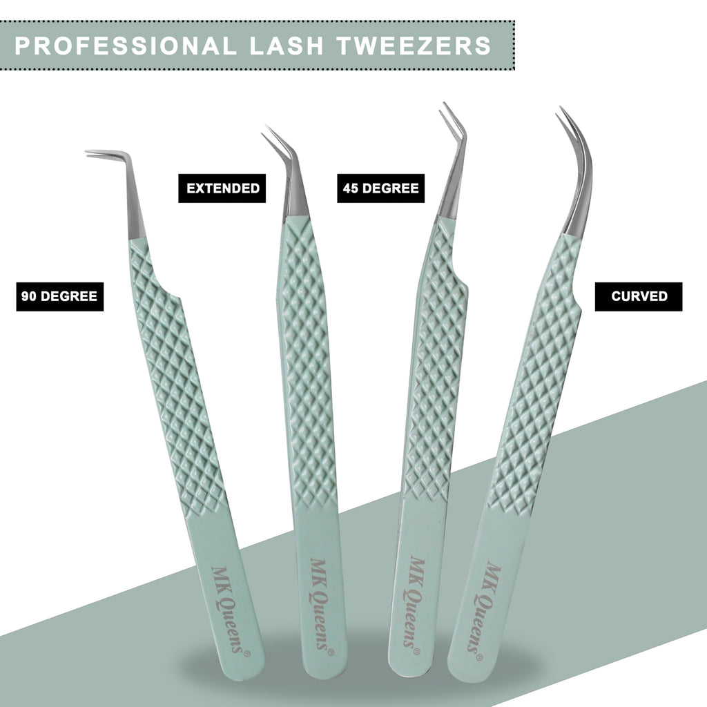 Fiber Tip Lash Tweezers for Eyelash Extensions with Diamond Grip, Set of 4 Precise Tips Japanese Steel for Classic, Volume & Mega Volume Lashes, Ideal Tweezers Set for Lash Artists (4, Light Green)