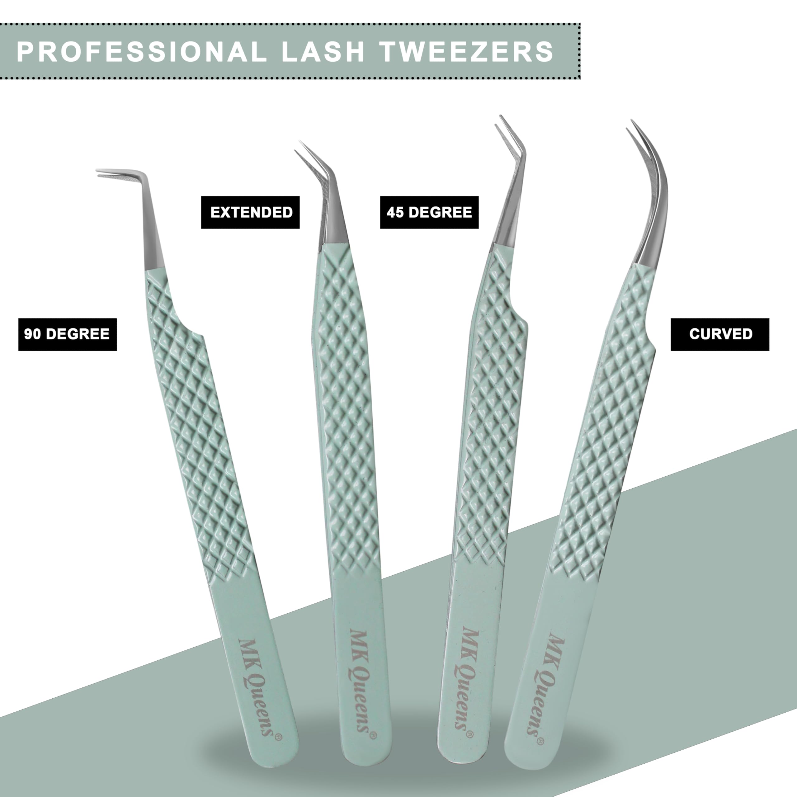 Fiber Tip Lash Tweezers for Eyelash Extensions with Diamond Grip, Set of 4 Precise Tips Japanese Steel for Classic, Volume & Mega Volume Lashes, Ideal Tweezers Set for Lash Artists (4, Light Green)