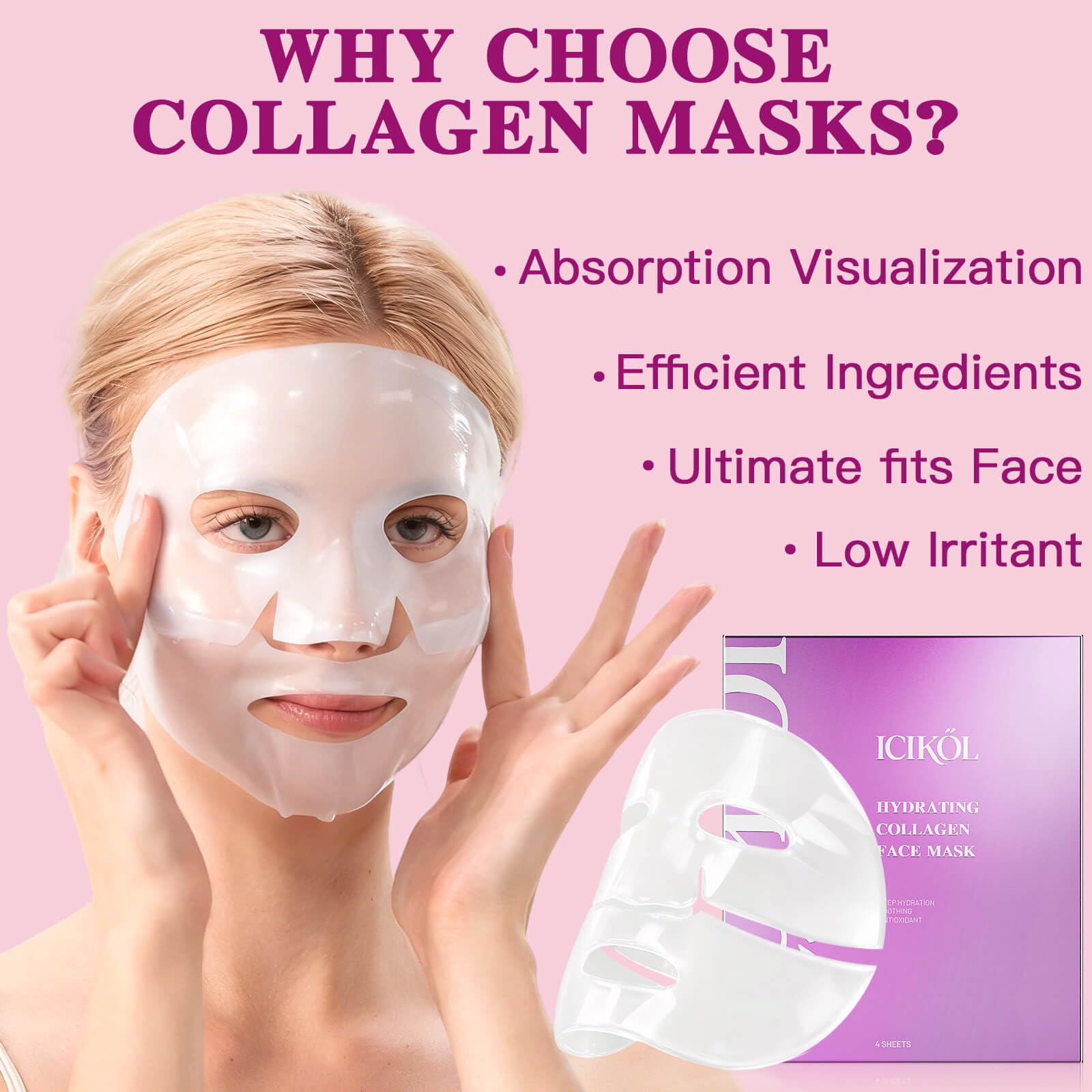 ICIKOL Overnight Collagen Mask - [4 Sheets] Bio-Collagen Face Mask for Intensive Hydration & Glass Skin - Pore Minimizing & Firming Jelly Mask, K-Beauty Sleeping Mask for Glowing Skin