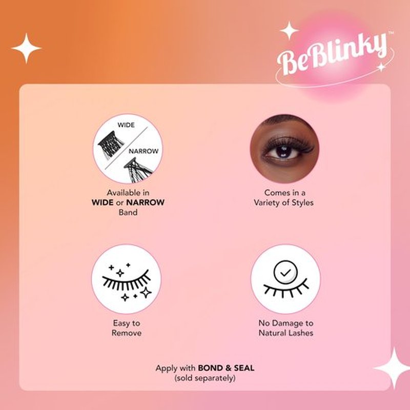 BeBlinky False Eyelashes, Lash Extension Kit 08, 9mm-16mm, Narrow Band, Easy to Apply and Remove, No Damage to Natural Eyelashes, 120 Lash Clusters - Voluminous