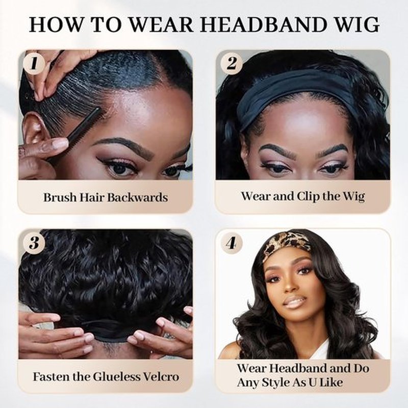 Aminow Wavy Headband Wig Synthetic Body Wave Headband Wigs for Black Women Glueless Half Wig Soft & Natural as Human Hair (Natural Black, 20 Inch)