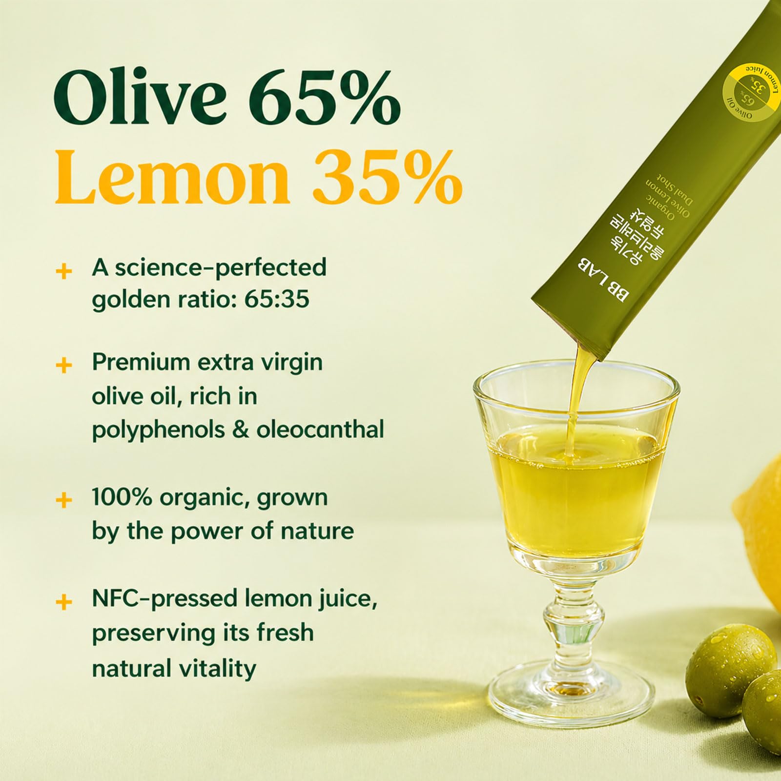 BB LAB Organic Olive Lemon Dual Shot, Cold-Pressed Extra Virgin Picual Olive Oil & NFC Lemon Juice, 65:35 Ratio, Single serve, On-the-Go Liquid Stick Packets, 20g x 10 Sticks