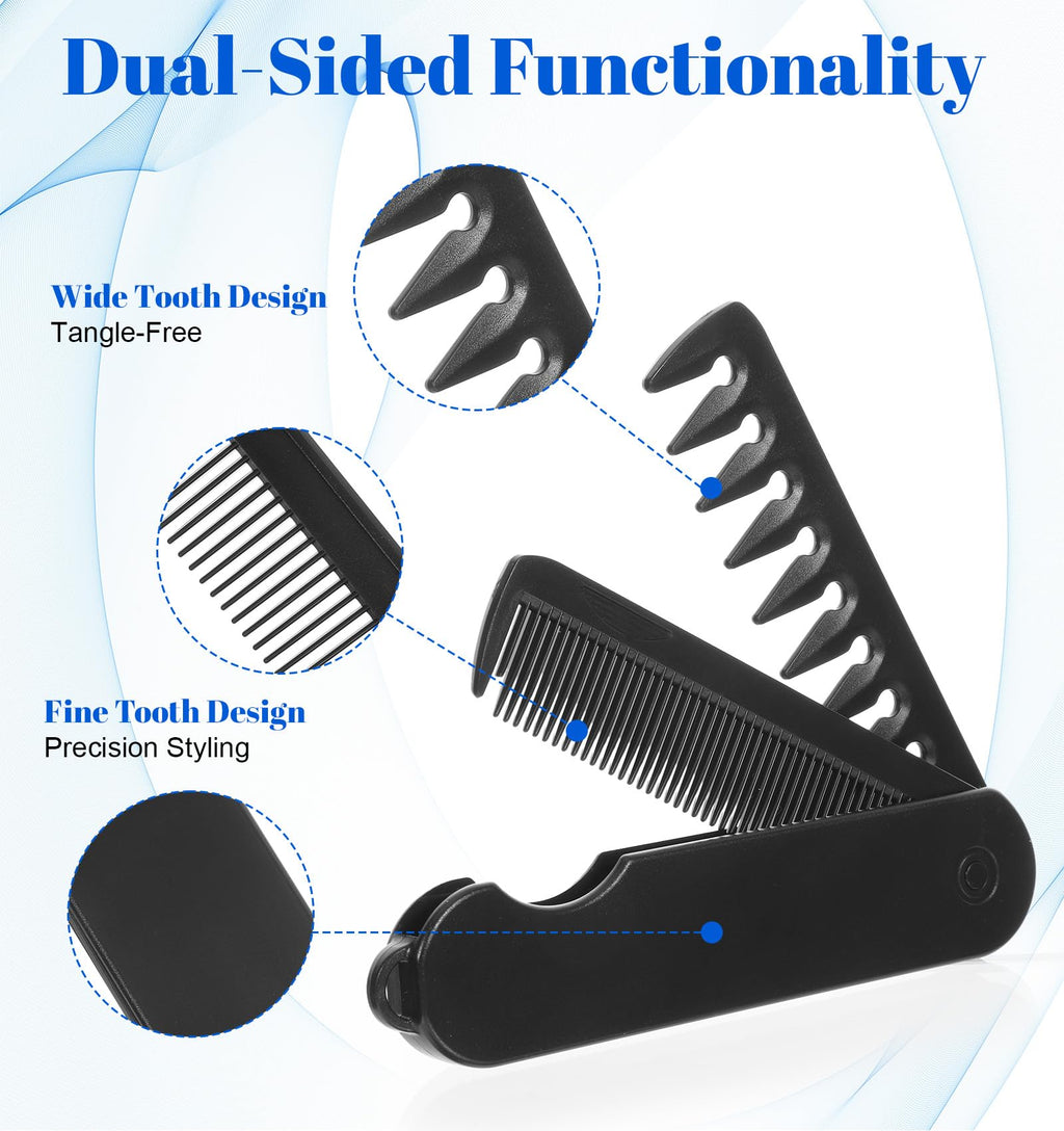 Folding Hair Comb, 2 in 1 Folding Travel Comb Mens Texture Foldable Pocket Combs Fine & Wide Tooth for Hair Moustache Beard, Foldable Pocket Combs for Men Everyday Grooming, Travel Size