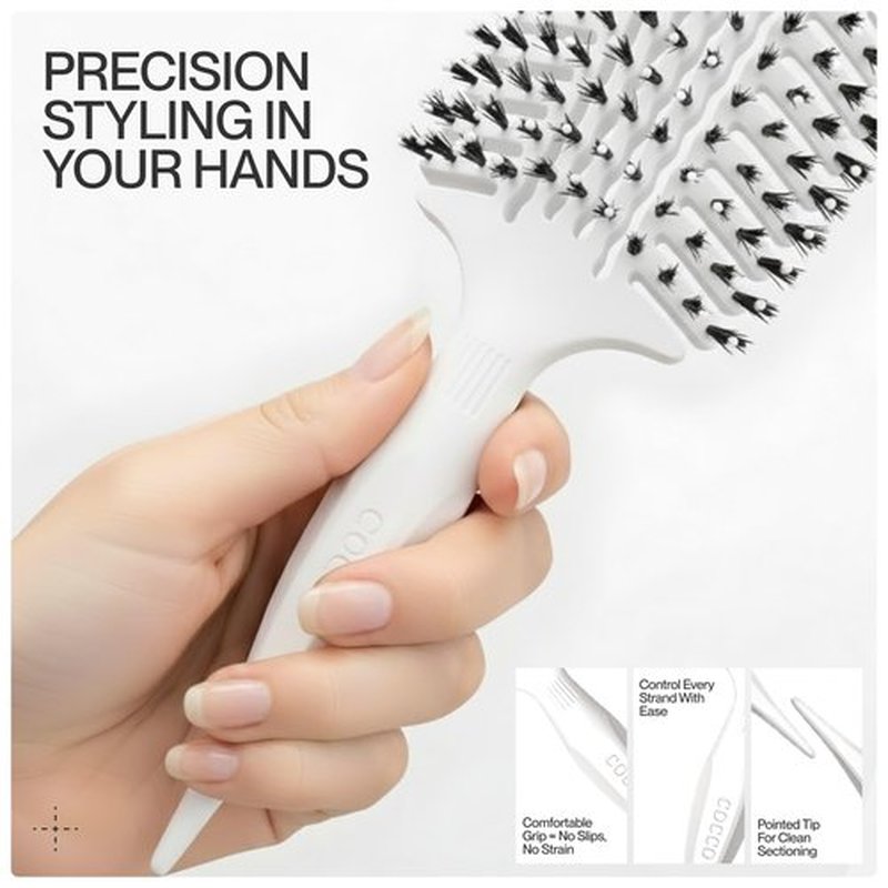 COCCO Aura Vent Boar Brush | Vented Dual-Curved Design for Faster Drying, Effortless Detangling & Shine, Boar + Nylon Bristles, Ergonomic Comfort Handle for Wet & Dry Hair Styling - White