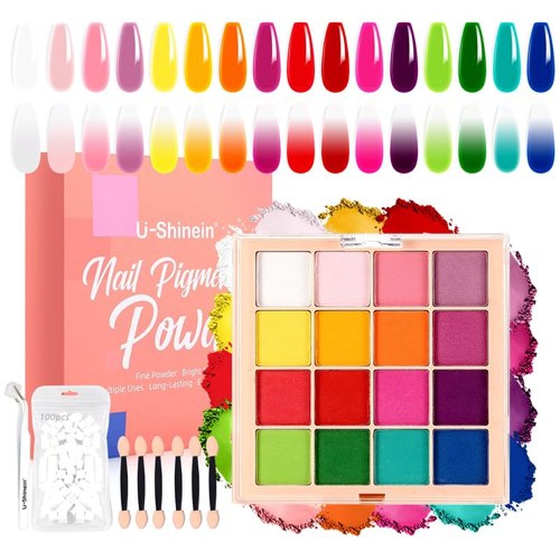 Nail Pigment Powder Palette Set, 16 Colors Ombre Nail Powder Palette with 100pcs Sponges & Tweezers French Aura Nails Ombre Nail Brush Nail Long-lasting Manicure Art DIY Accessories