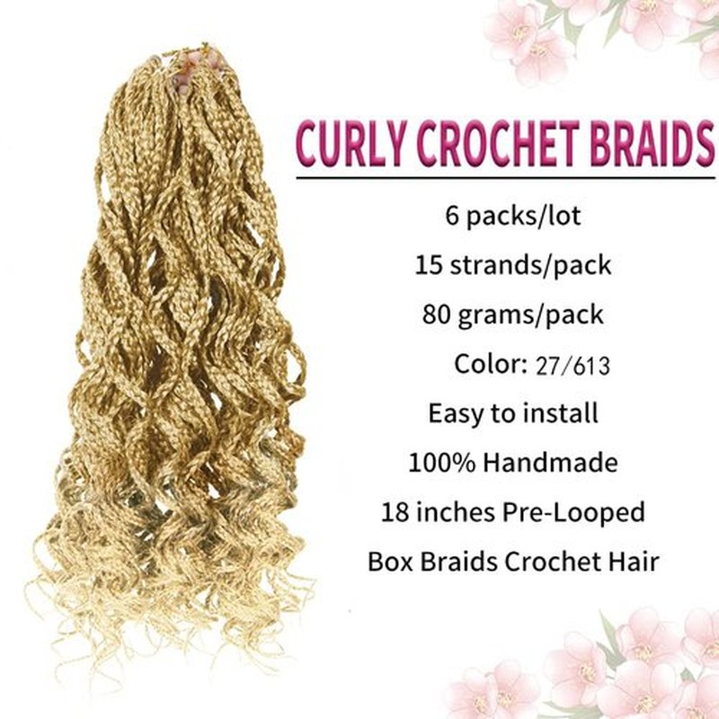Goddess Curly Box Braids Crochet Braids Hair 3S Wavy Box Braided hair Extension Synthetic Fiber Braiding Hair (18inch, 27/613)