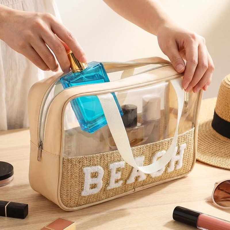 Kajaia Clear Beach Bag - Large Woven Transparent Makeup & Toiletry Storage | Boho Preppy Design - Beige