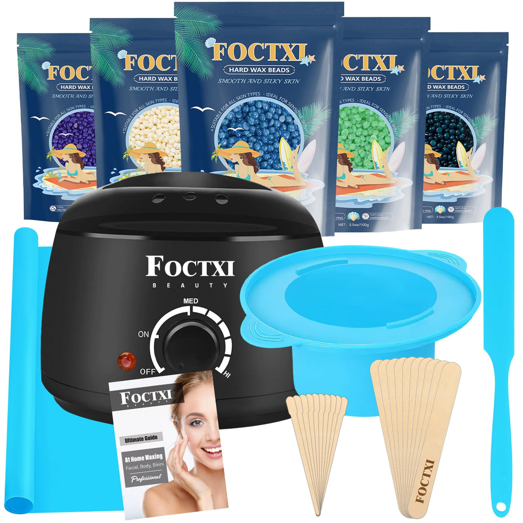 FOCTXI Waxing Kit for Women and Men, Wax Warmer Hair Removal for Sensitive Skin at Home with Beads & Silicone Pot, Hard Wax Warmer for Face, Body and Legs, Machine, 5 Pack Beads, Accessories