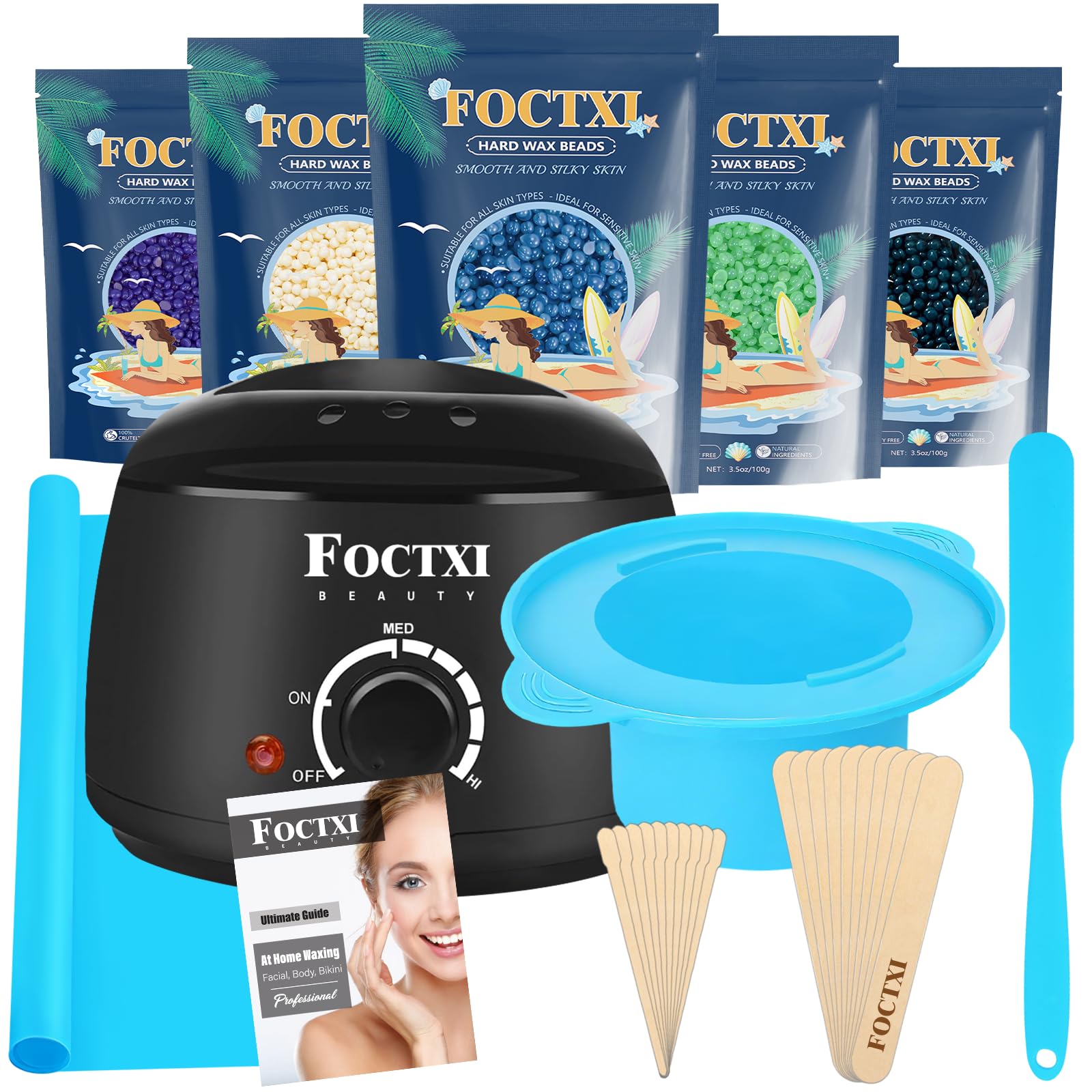 FOCTXI Waxing Kit for Women and Men, Wax Warmer Hair Removal for Sensitive Skin at Home with Beads & Silicone Pot, Hard Wax Warmer for Face, Body and Legs, Machine, 5 Pack Beads, Accessories