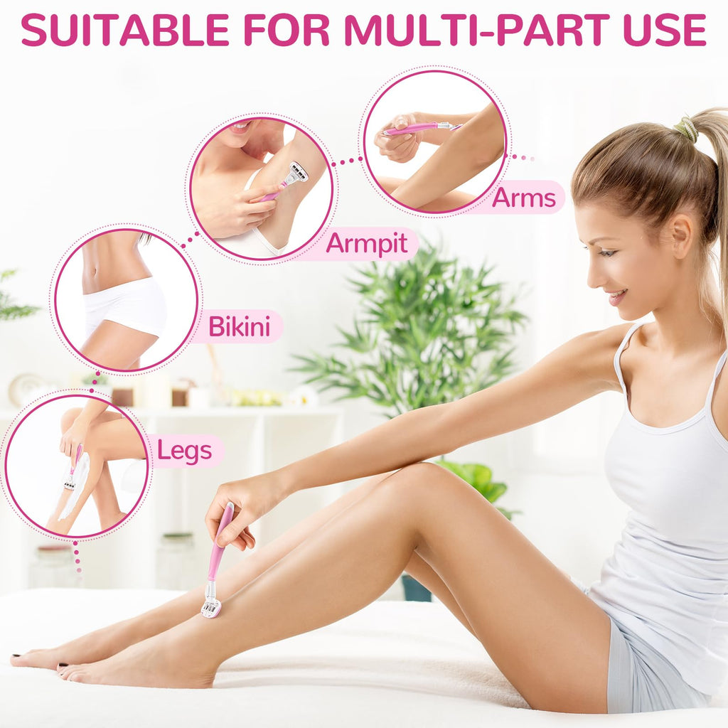 Razors for Women Include 1 Handle and 7 Cartridges, Disposable Razor with 360° Lubrication Reduces Irritation, Pink