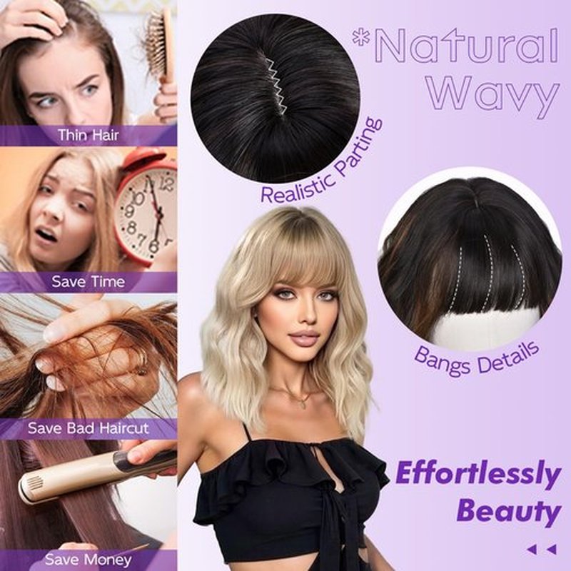 CURLCRAZY Short Wavy Wig with Bangs for Women Curly Wigs Natural Wavy Synthetic Wigs for Daily Party Cosplay(Brown Highlight)
