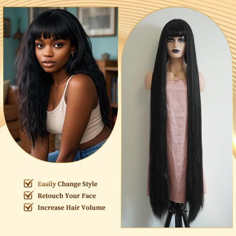 Dream Zimi 48 Inches Surper Long Straight Wig for Women Flat Bangs Soft Yaki Kinky Wigs for Daily Party Halloween Christmas Cosplay Wig Synthetic Hair Black 120CM