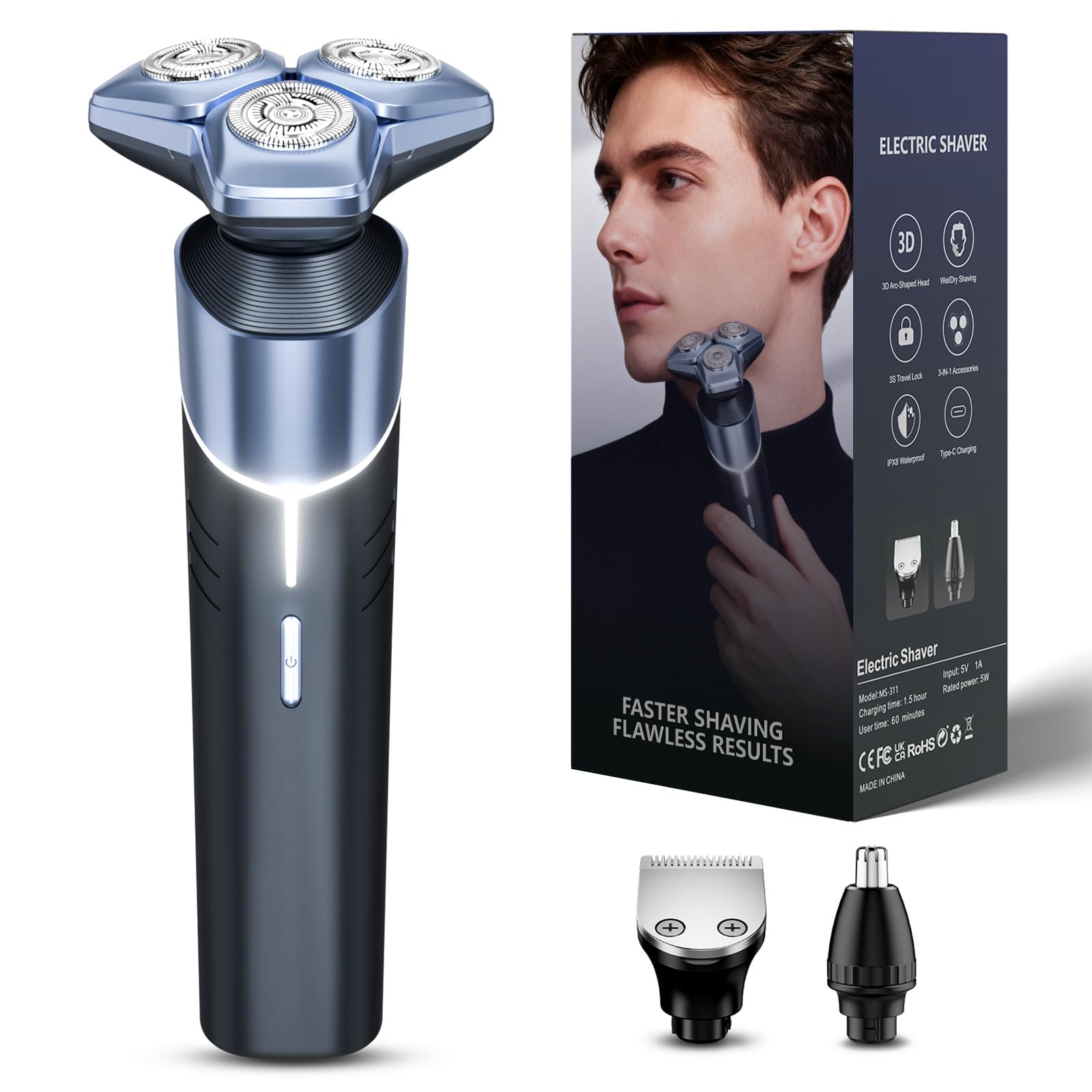 Electric Razor for Men, 3D Floating Heads, USB-C Fast Charging, IPX8 Waterproof, Travel Lock, Glossy Blue