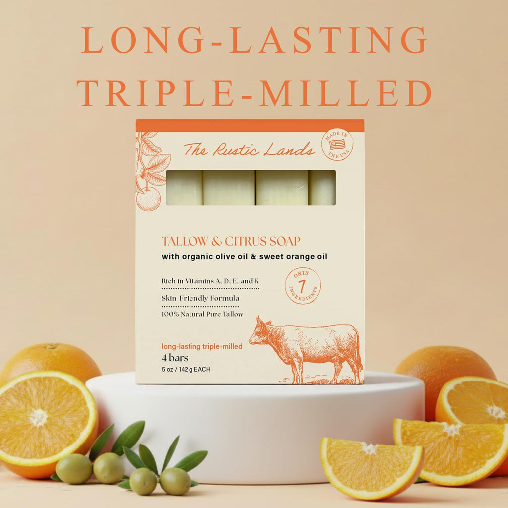 THE RUSTIC LANDS Beef Tallow Soap Bars – Natural Moisturizing Bar Soap with Citrus Scent – Gentle Soap for Sensitive Skin Face & Body – Made in USA – Tallow & Citrus Soap - 4 Pack (5 oz Each)