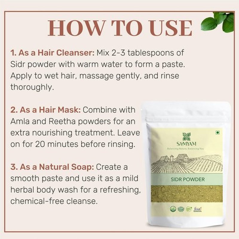 SAMYAM Natural Sidr/Jujube Powder - 200g (7 oz) | Natural Hair and Body Cleanser, Herbal Soap