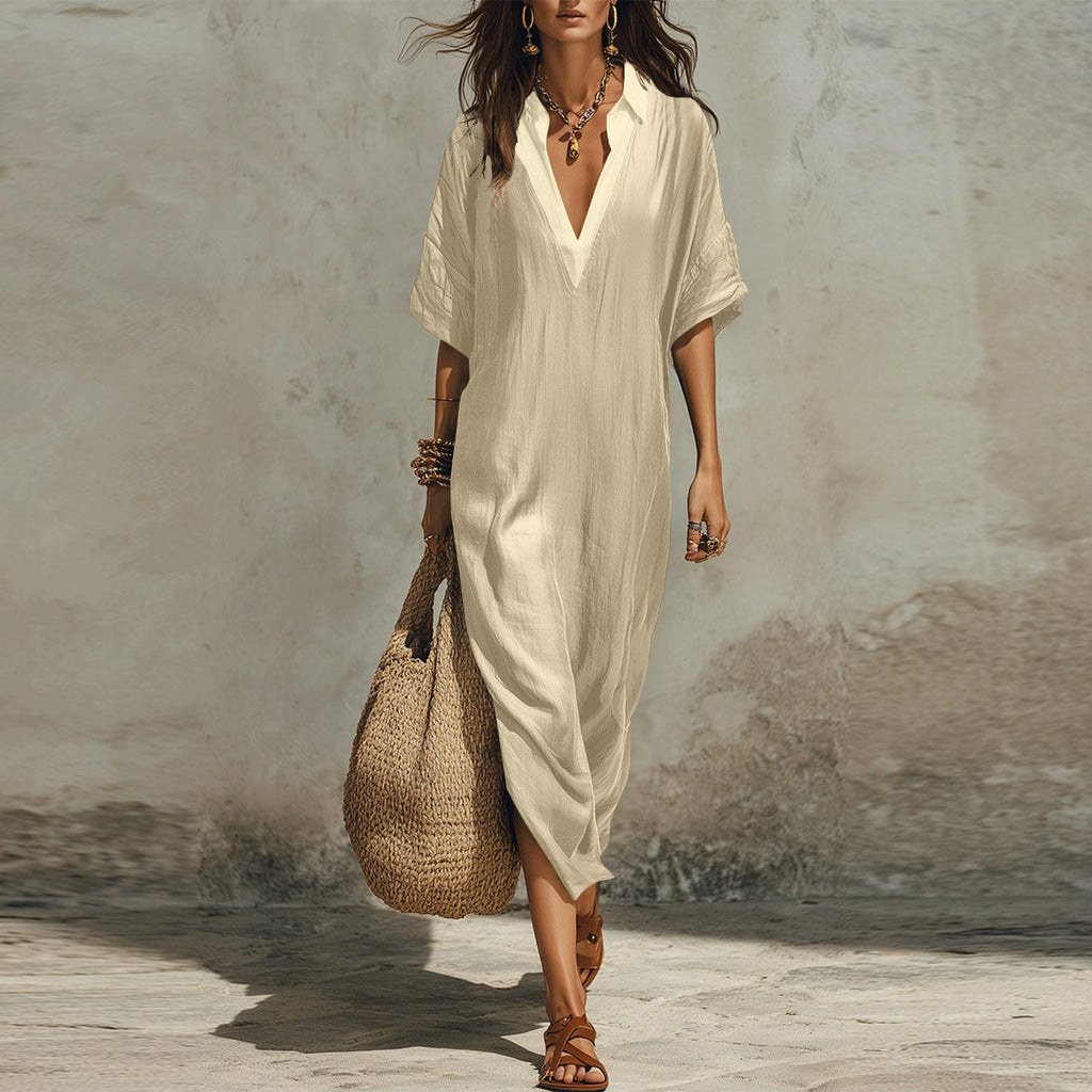 Linen Dress Women Casual Short Sleeve Fashion Beach Dresses V-Neck Lightweight Split Flowy Sundresses