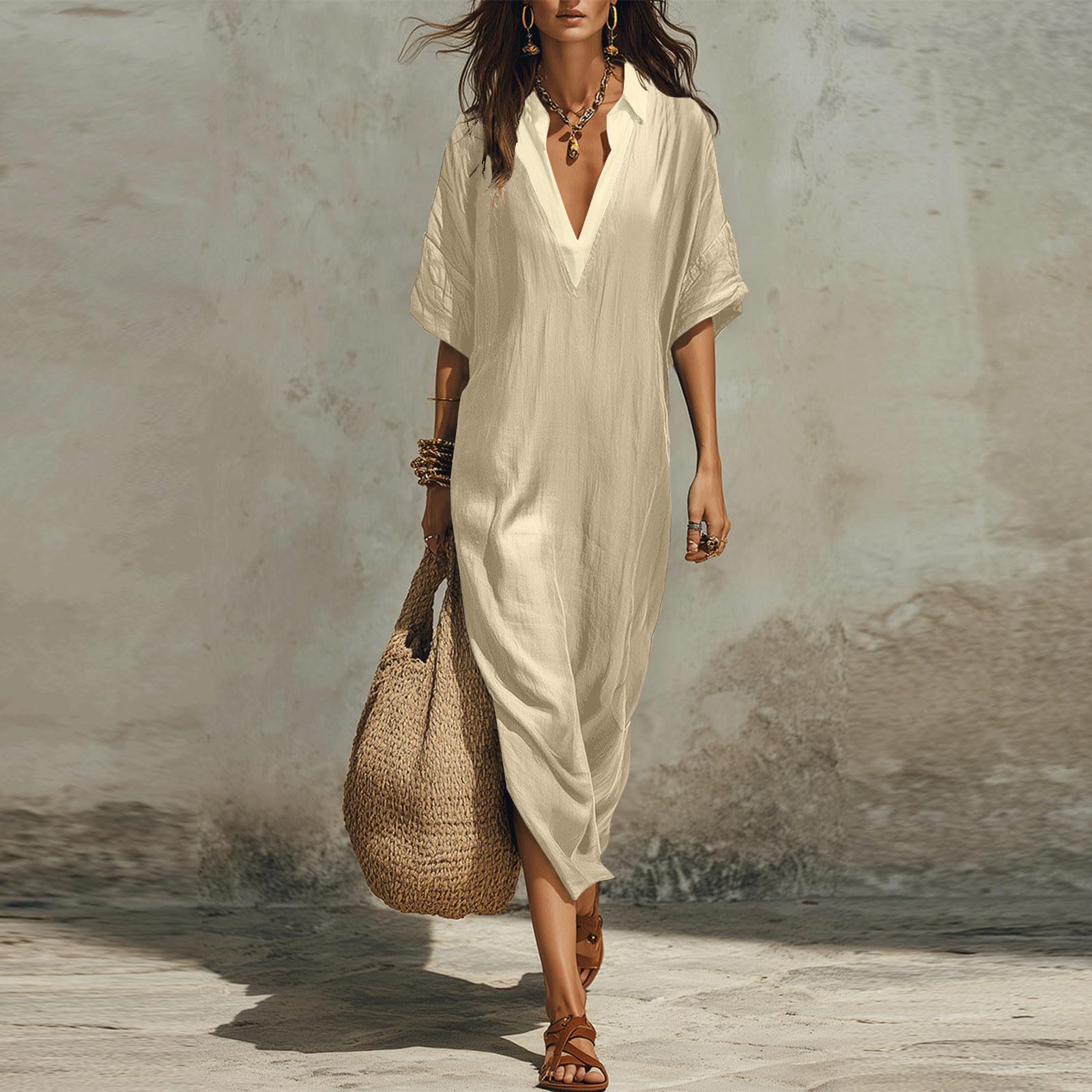 Linen Dress Women Casual Short Sleeve Fashion Beach Dresses V-Neck Lightweight Split Flowy Sundresses