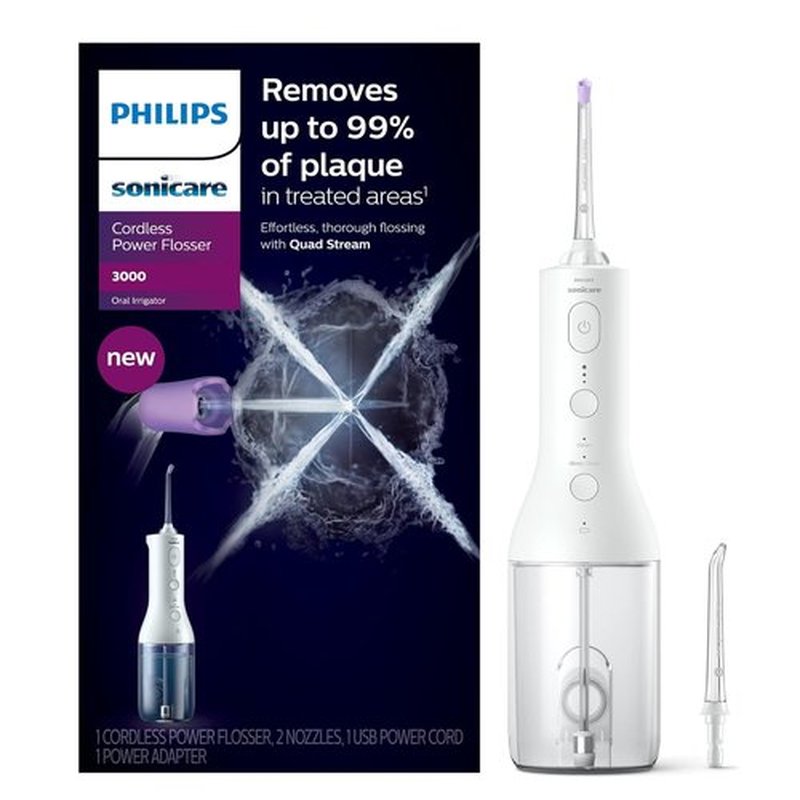 Philips Sonicare Cordless Power Flosser 3000 - Innovative Quad Stream Water Flosser | 2 Modes, 3 Intensity Levels, Ergonomic Design, White