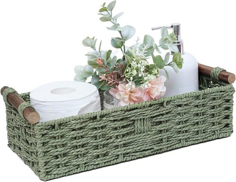 Skiennix Round Paper Rope Storage Basket - Decorative Wicker Organizer with Handle | Green, Small Size