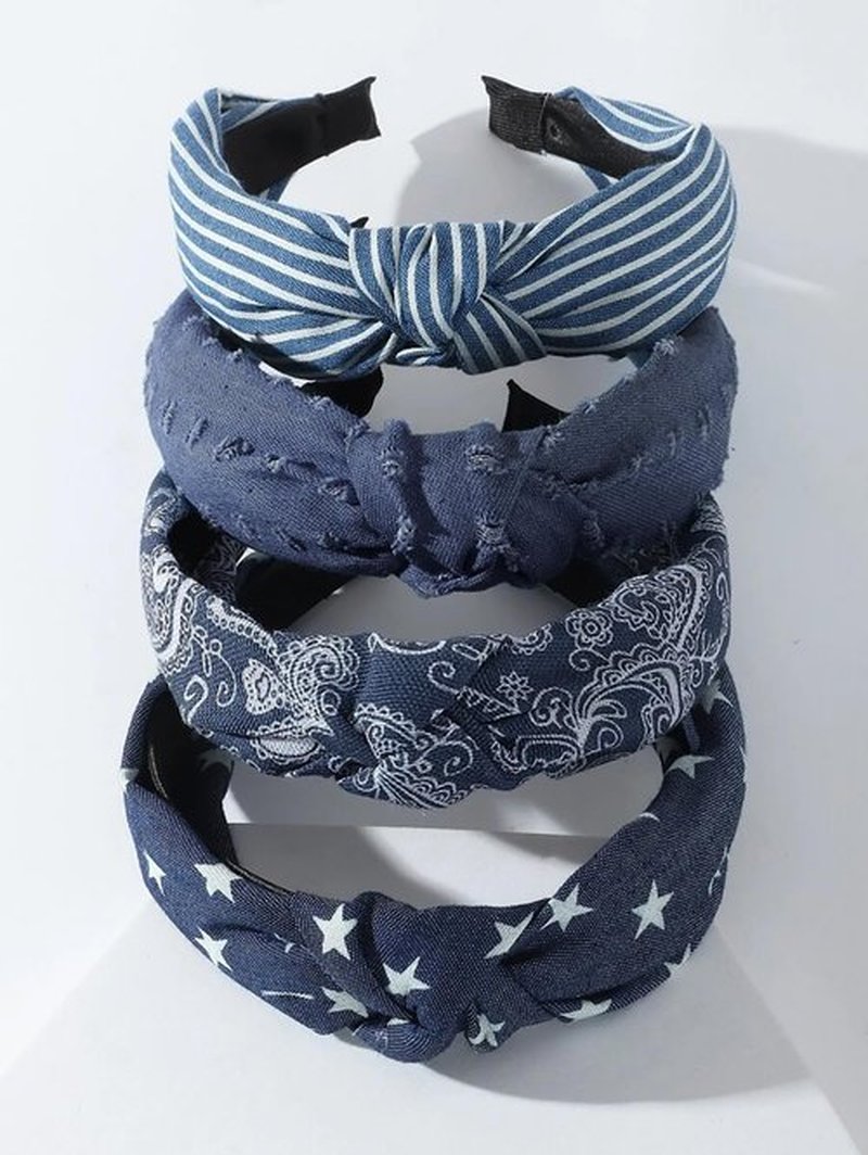 Huachi 4 Packs Denim Blue Knotted Headbands for Women Girls Womens Hairbands Fashion Star Independence Day Hair Accessories Cute Stripe Floral Printed Head Bands for Women’s Hair Non Slip