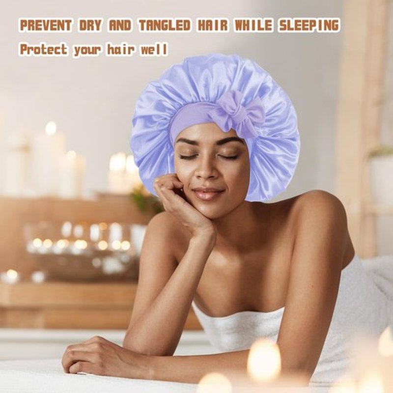 my novel things 3Pcs Satin Bonnet for Sleeping Women Large Adjustable Hair Bonnet with Tie Band Silky Sleep Cap with Ribbon for Women Natural & Curly Long Hair Anti Frizz, Soft Breathable(Pink/Purple)