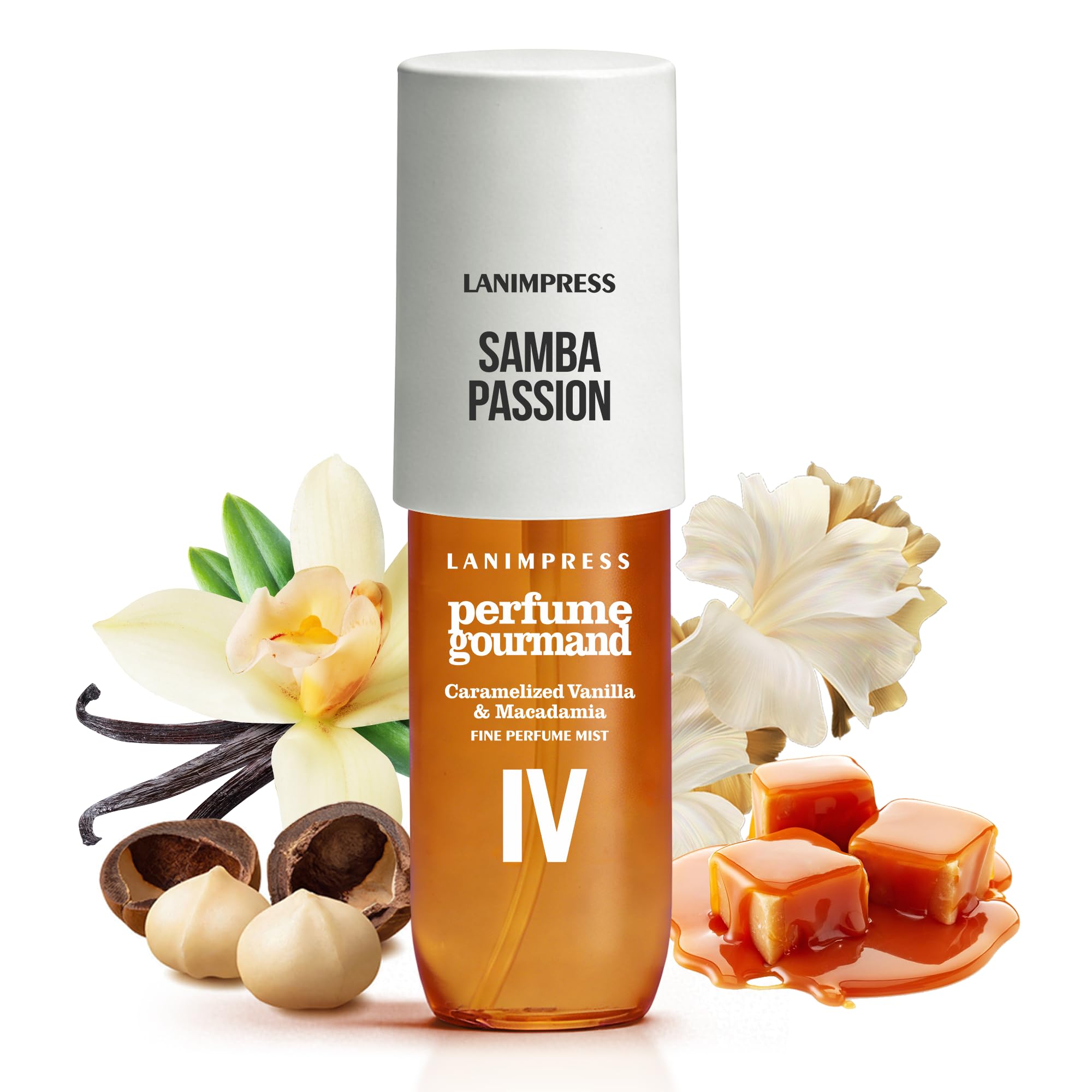 LANIMPRESS 3 FL OZ No.4 Hair Mist and Body Spray for Women,Eau De Parfum, Amber Gourmet Perfume, Sweet Scent– With Notes of Roasted Macadamia Nuts,Caramel Vanilla,Coconutblossom, Travel Size Fragrance