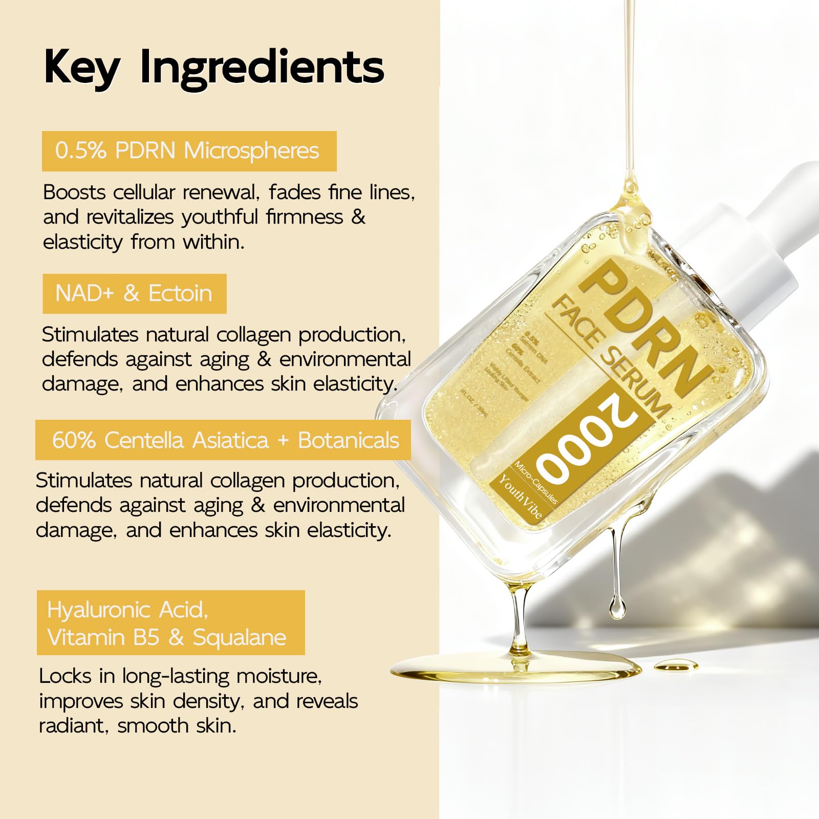 YouthVibe 0.5% PDRN Serum for Face, Anti-Aging Salmon DNA Face Serum with Hyaluronic Acid + Niacinamide + Squalane, Firming & Hydrating, Helps Smooth the Look of Fine Lines & Wrinkles, 30mL