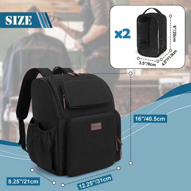 BAFASO Large Capacity Insulated Barber Case with a Semi Detachable Divider and 2 Removable Pouches, Hairstylist Traveling Bag with Multiple Pockets Holds Barber Styling Tools, Black