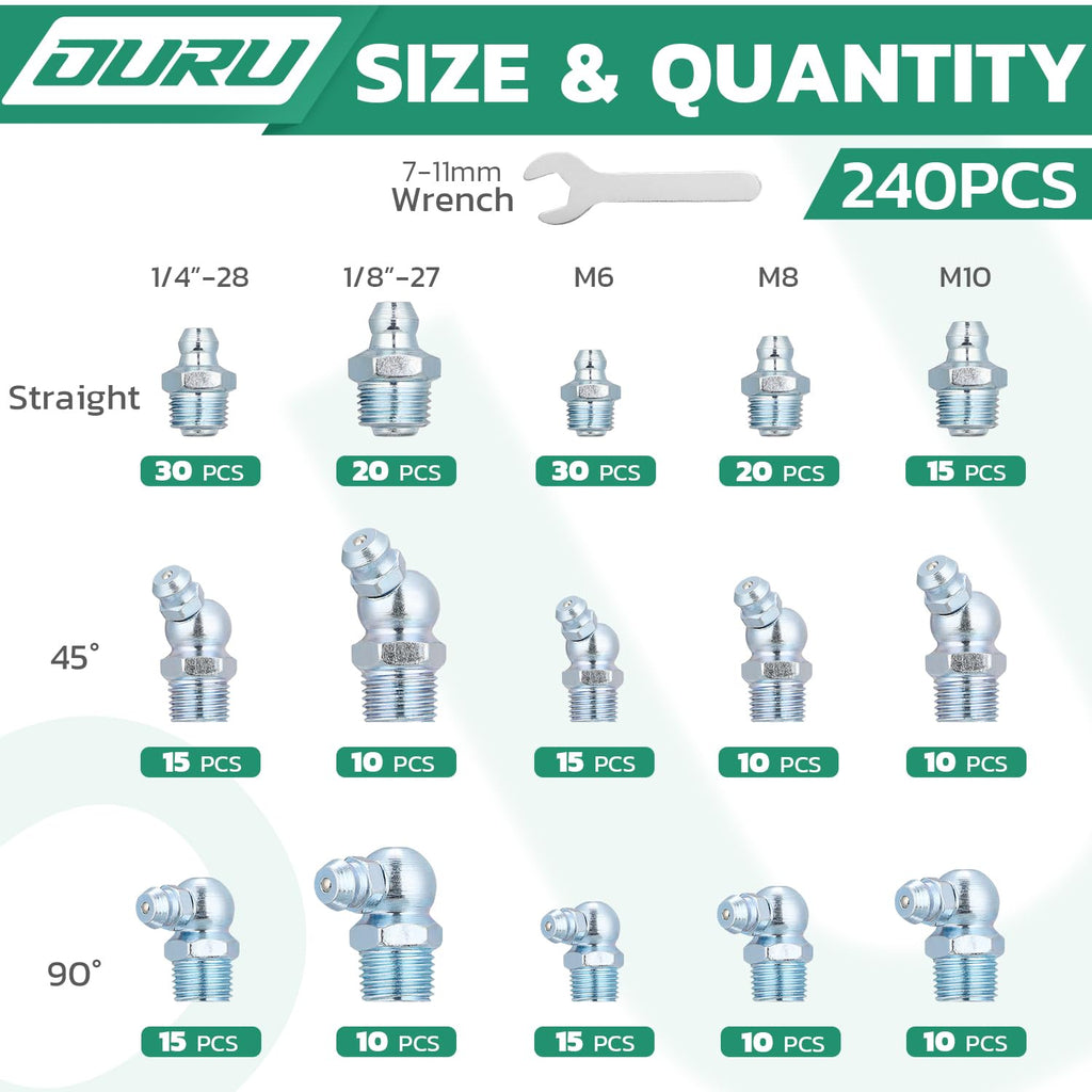 OURU Grease Fittings Assortment, 240PCS SAE & Metric Zerk Grease Fittings NPT 1/4" 1/8" M6 M8 M10, Straight 45 90 Degree Grease Nipple with Wrench Kit(7-11mm) for Grease Gun