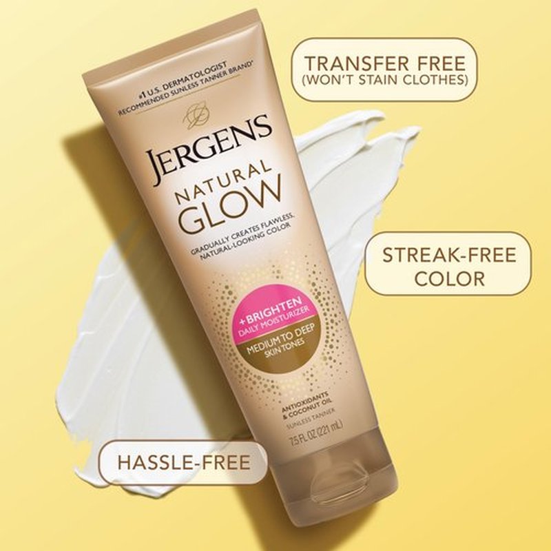 Jergens Natural Glow Self Tanner Body Lotion, Daily Sunless Tanning, Medium to Deep Skin Tone, Daily Moisturizer with Coconut Oil, Vitamin E and Antioxidants, 7.5 Oz, Pack of 2