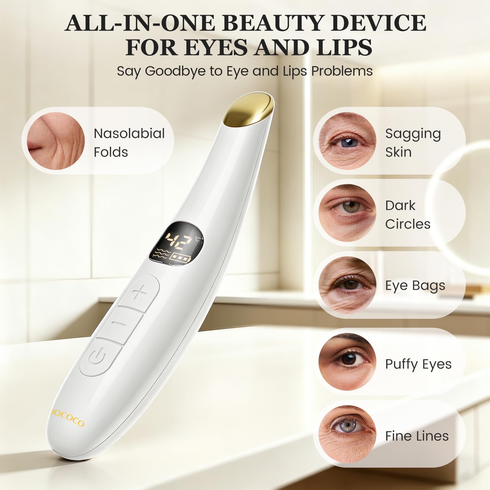 Eye Lift Wand, Eye Heat Wand with Temperature Control, Eye Massager for Dry Eyes, Dark Circles and Puffiness, Eye Lifting Device for Fine Lines, White
