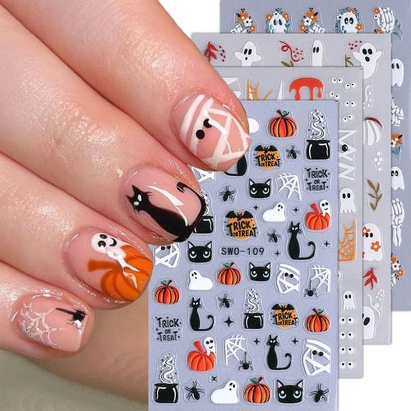 4 Sheets Halloween Nail Art Stickers 5D Embossed Cute Ghost Nail Stickers Black Cat Pumpkin Design Flower Finger Skeleton Nail Decals Nail Art Supplies for Women Acrylic DIY Nail Decorations