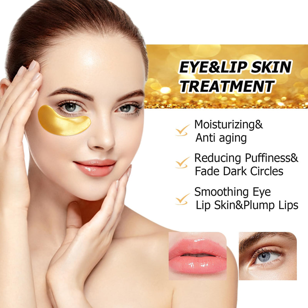 Ruzzut 40 Pairs Peach Red Lip Masks & Eye Masks, 24K Gold Gel Collagen Eye Patches for Puffy Eyes, Dark Circles, Wrinkles and Eye Bags, Collagen Crystal Mask Set for Women Men
