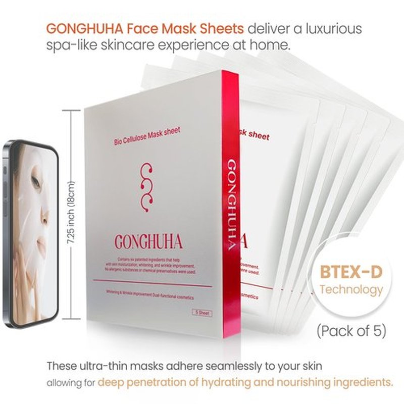 GONGHUHA Red Ginseng Bio Cellulose Face Mask - Deep Hydrating Sheet Mask with Honeysuckle & Cica - Soothing Korean Skincare for Glowing Skin - 5 Count Box