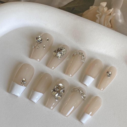 Coffin Shaped Luxury Press on Nails | Ballerina Artificial False Nails, Glossy Nude Fake Nails with 3D Diamonds, Salon Quality Reusable Nails Kit (White Valentine - Size L)