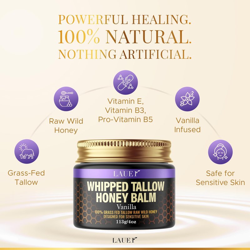 Whipped Tallow Honey Balm Soft Smooth Skin Face 100% Grass-Fed Beef Tallow Body Butter Raw Honey All Skin Type Natural Vanilla Moisturizer for Eczema Rashes Dry Skin Sunburn Treatment for Women