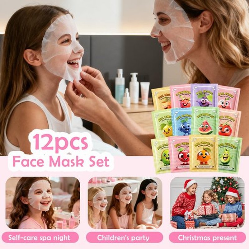 Minfei 12 Pack Fruit Face Mask for Kids, Skin Care for Kids, Kids Face Mask, Moisturizing Face Masks SkinCare, Face Masks Bulk, Kids Face Masks Spa Party Favors for Teens Girls Women, Self Care Gifts