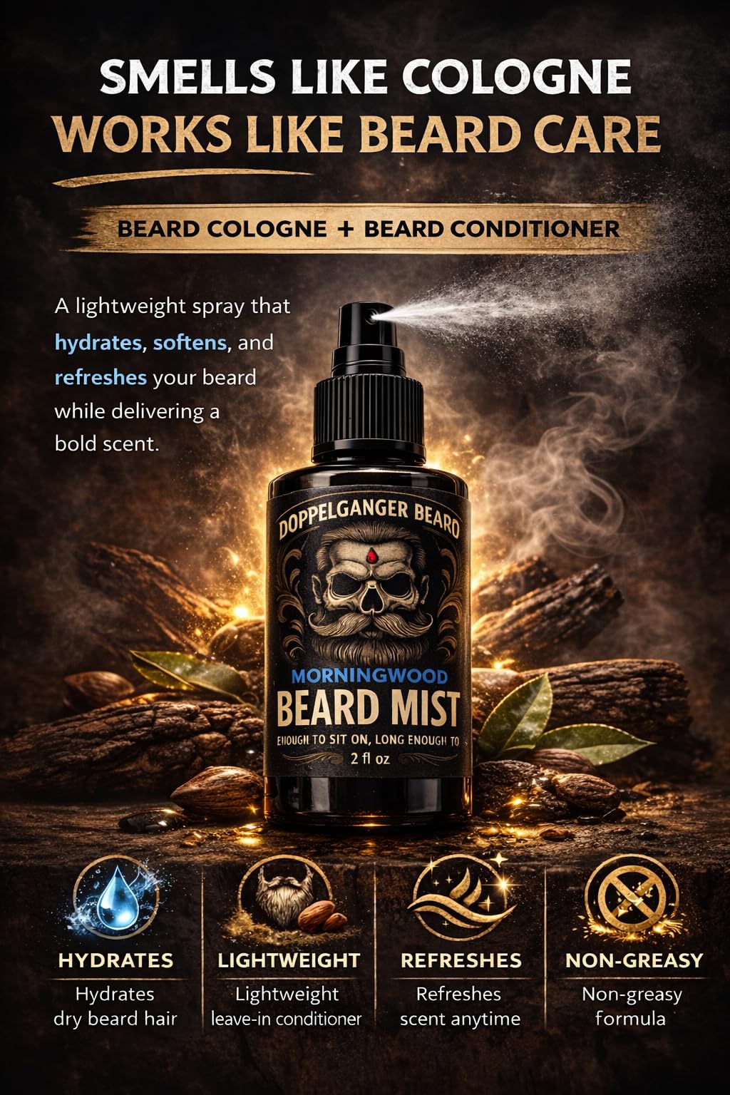 Beard Mist - Beard Cologne & Conditioning Spray for Men – Leave-In Beard Conditioner with Aloe & Jojoba – Hydrates, Softens, Reduces Itch & Never Feels Greasy