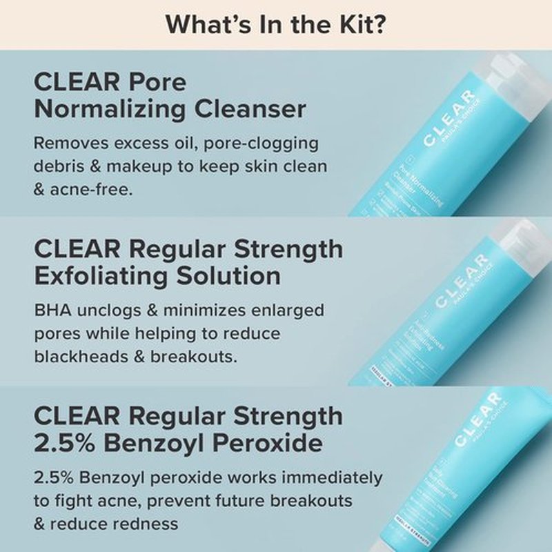 Paula's Choice CLEAR Acne Treatment Kit - Daily Cleanser, 2% Salicylic Acid & Benzoyl Peroxide | Fragrance-Free 3-Piece Set
