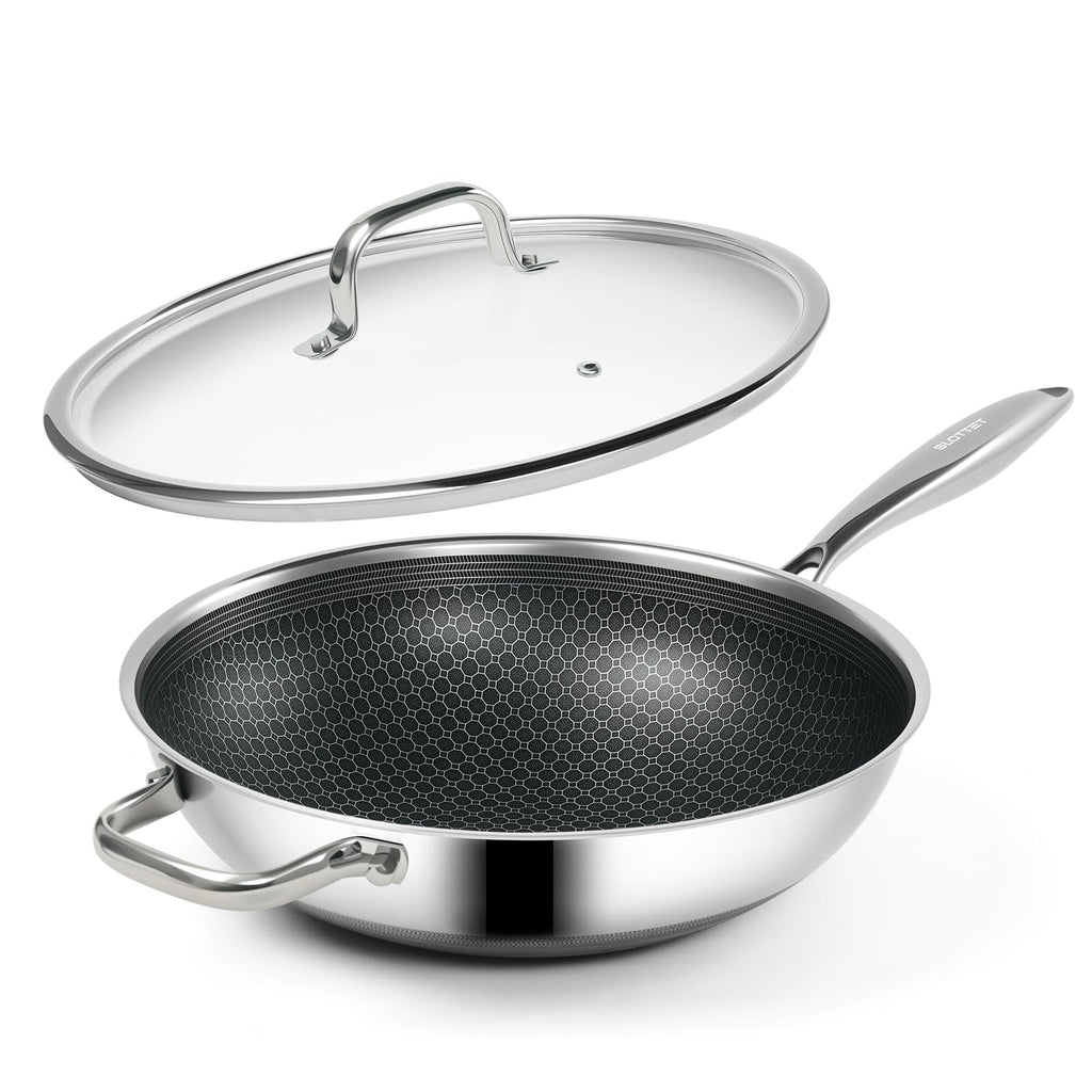 SLOTTET Hybrid 12-Inch Wok with Lid,Nonstick Stainless Steel Woks & Stir-fry pans,Stay-Cool Handle,PFOA Free Cookware,Dishwasher and Oven Safe,Compatible with All Cooktops
