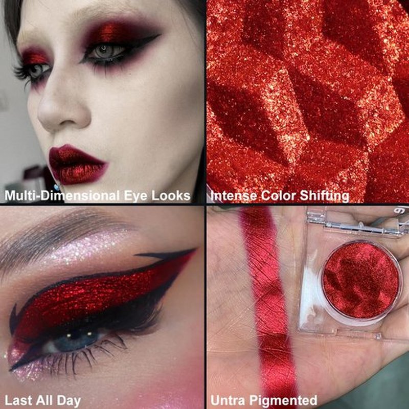 DE’LANCI Chameleon Red Glitter Eyeshadow Highly Pigmented, Single Metallic Glitter Eye Shadow Palette Intense Color Shifting, Chrome True Red Shimmery Glitter Eyes Warm Goth Smoky Makeup