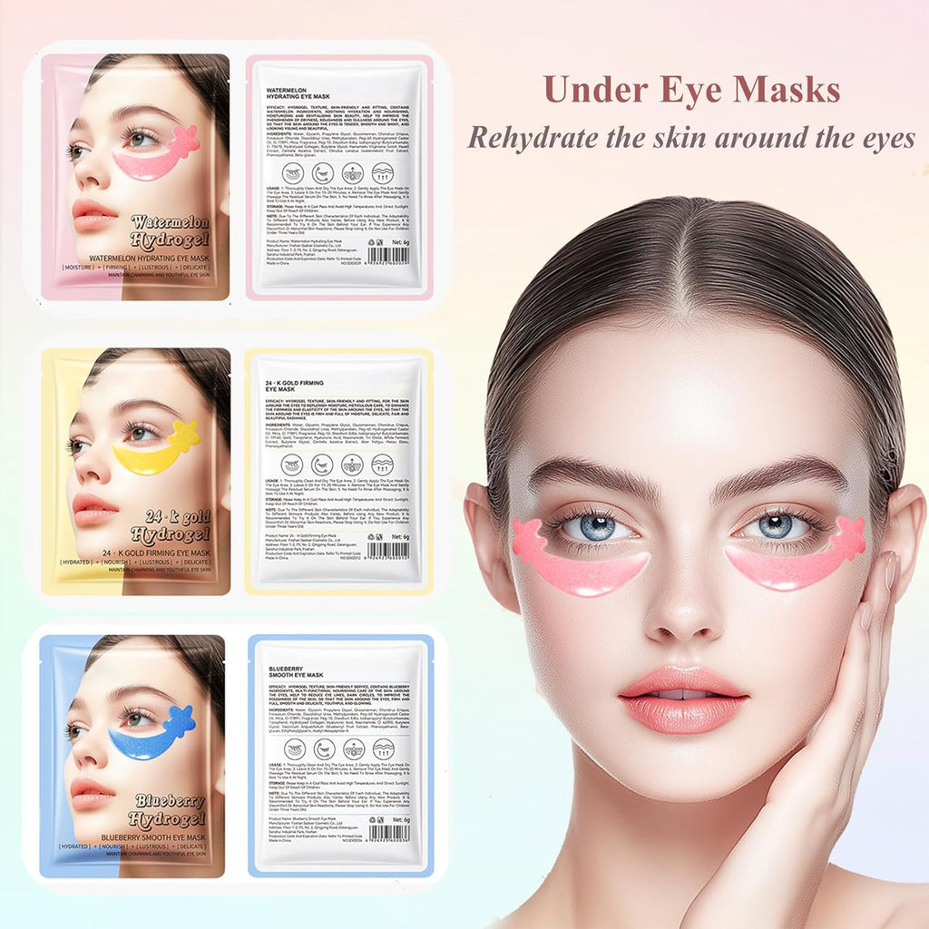 30 Pairs Under Eye Patches,Tri-color Star Under Eye Mask Patches for Sleepover Party,Cooling Eye Patches for Puffy Eyes and Dark Circles,Blueberry+Watermelon+24K Gold Hydrogel Overnight Eye Patches