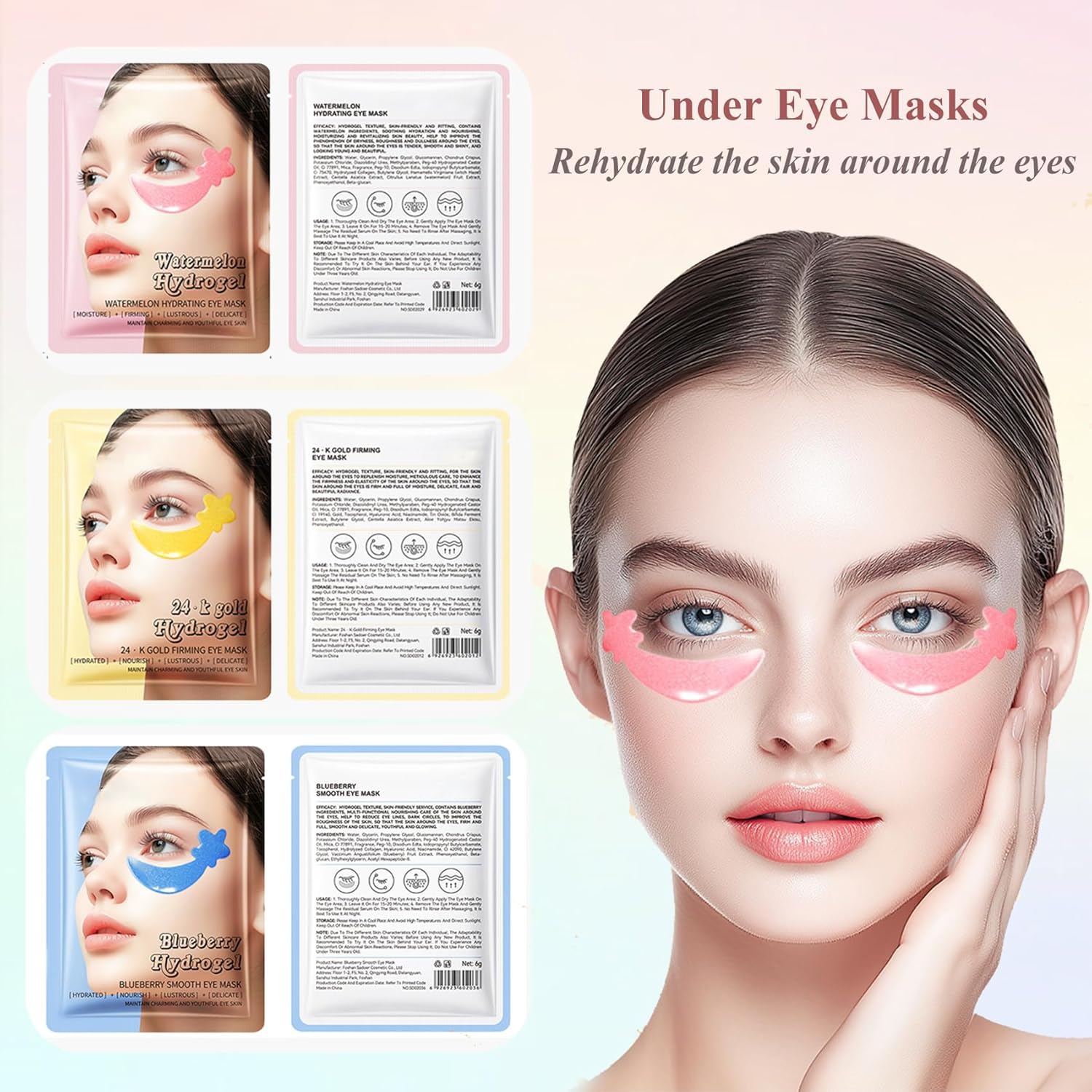 30 Pairs Under Eye Patches,Tri-color Star Under Eye Mask Patches for Sleepover Party,Cooling Eye Patches for Puffy Eyes and Dark Circles,Blueberry+Watermelon+24K Gold Hydrogel Overnight Eye Patches