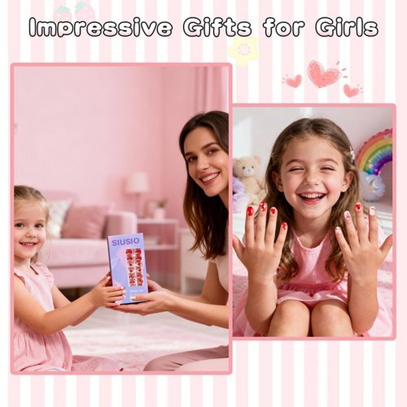 SIUSIO 3Pack Children Acrylic Fake Nails, 72pcs Press on Full Cover Glitter Short Red Heart False Nail Art Kits Set with Sticker Tabs Nail Glue for Kids Little Girls Christmas Gifts - Blossom Sweetie