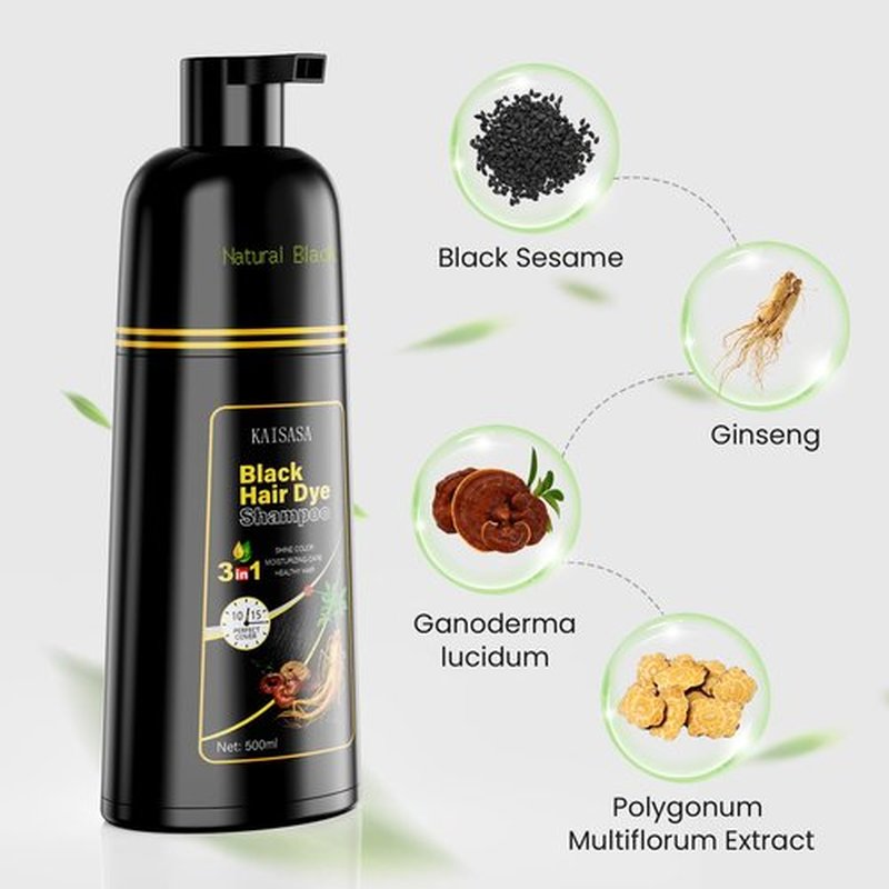 KAISASA Black Hair Dye Shampoo 3 in 1, Hair Color Shampoo for Women and Men, Hair Dye to Cover Gray Hair, Herbal Ingredient Shampoos for Grey Hair Coverage 500ml (Black)